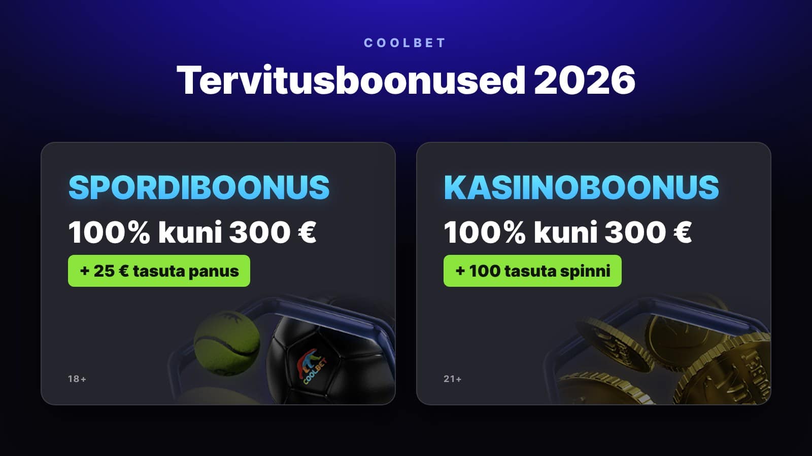 Coolbeti tervitusboonus 2026: kuni 300 € + 25 € tasuta panus